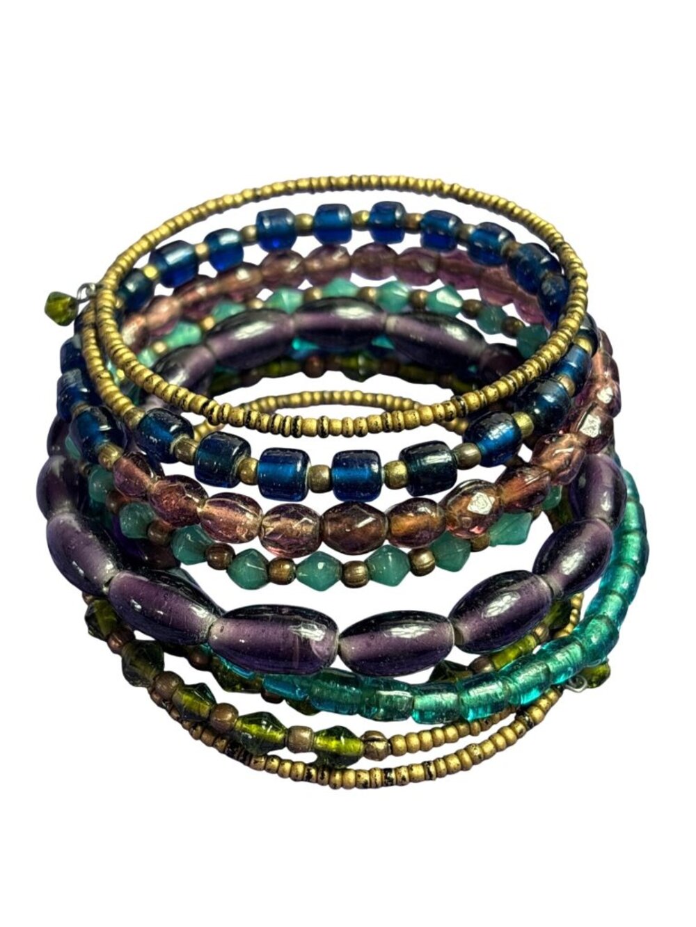 Artisan Memory Wire Bracelet Glass Beaded Goldtone Blue Teal Purple Green